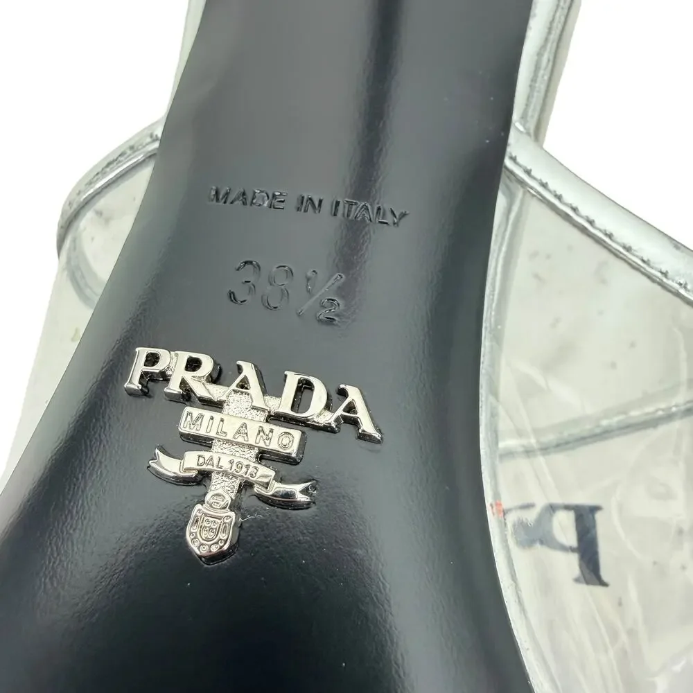 Prada Plex Transparent Pvc Triangle Logo Mule Sandals Silver Size 38.5 - Picture 10 of 10